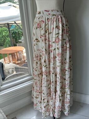 STUNNING ALTAR’D STATE Floral Tiered Maxi Skirt Pink White Cottagecore sz LARGE
